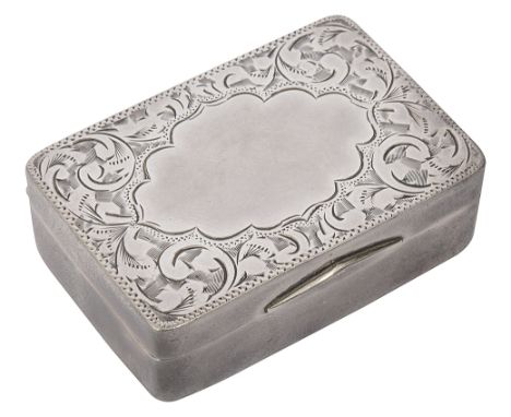 A late Victorian silver snuff boxBirmingham, 1900 by Joseph Glosterof rectangular form, bright cut decoration the hinged cove