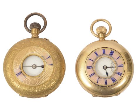 A Continental ladies 18K gold and enamel half hunter fob watchmarked on the interior case 18K, the white enamel dial with Rom