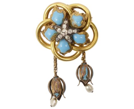 A mid Victorian enamel, diamond-set and yellow gold brooch the cinquefoil yellow gold border with bombŽ engraved sky blue ena