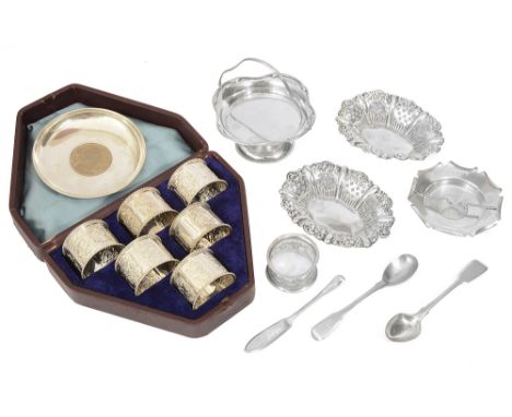 A mixed lot of silver to include an Edwardian swing handled pedestal bonbon dishvarious dates and makersfirst Birmingham, 190