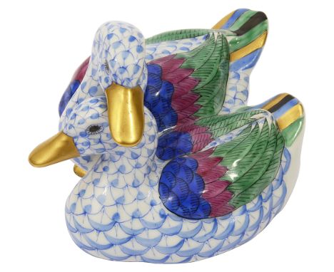 A Herend figure in the form of two ducksin blue scale pattern, marked to base 'Herend, Hungary, Handpainted' and incised with