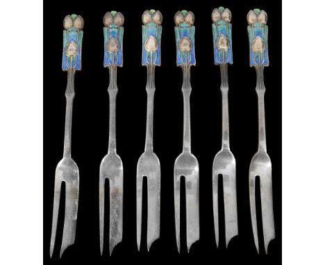 A set of six silver and enamel pastry forks, designed by Archibald Knox for Liberty &amp; Co.marked Birmingham, 1928, each wi