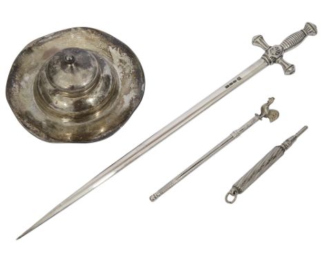 An Edwardian small silver inkwell, a swizzle stick and other itemsfirst Birmingham, 1905 by Miller Brothers, of circular desi