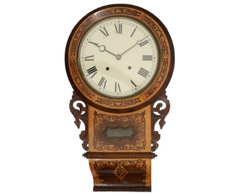 A late 19th century American rosewood and satinwood inlaid drop dial wall clockthe 12" painted dial with black Roman numerals