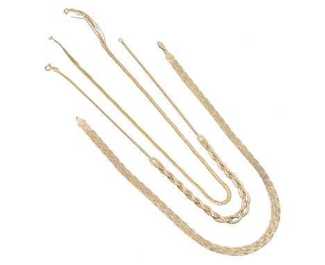 Three Continental assorted fancy link necklaces the first marked 9KT of textured flat plaited design, the second marked 375 a