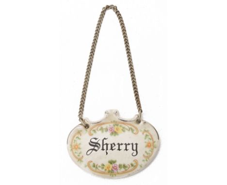 A ceramic 'Sherry' decanter label suspended on chain width 6cm., Condition: 