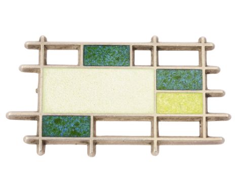 Bente Bonne for Georg Jensen: A modernist Sterling silver and enamel brooch, design number 331B, post-1945 Jensen mark, stamp