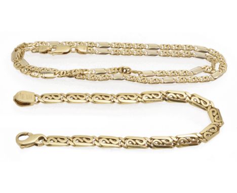 Two Continental fancy link chains the first scroll link bracelet with control marks and marked for 750, the second flat bar a