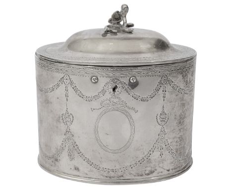 A rare George III silver provincial tea caddyYork, 1780 by John Hampston and John Prince of oval from with flush hinged domed