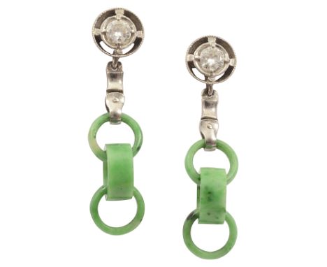 A pair of Art Deco diamond and jade earringsthe single stone diamond tops in pierced circular mounts and suspended with carve