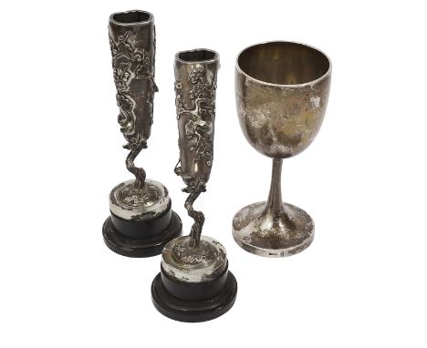 A pair of early 20th century Chinese export silver spill vases and a prize gobletfirst marked HC for Hung Chong, Chinese char