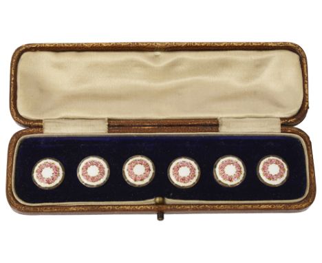 A Victorian set of six cased silver and guilloche enamel buttonsthe individual silver buttons painted white and with garland 