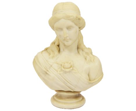 A 19th century marble bust of a classical maiden head and shoulders, wearing drapery and a rose corsage, on socle base, unsig