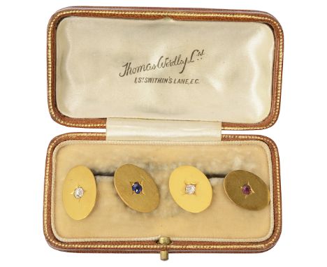 A pair of Victorian gem-set and 18ct yellow gold cuff linkseach pair of two oval plaques measuring 1.8cm by 1.3cm with chain 