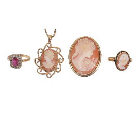 A gold cased cameo brooch/pendant and othersthe brooch with setting marked 75, pendant with rope twist scroll mount and 9ct g