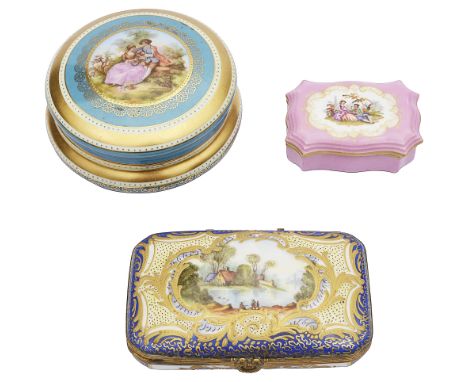 A late 19th century French Sevres style ormolu mounted trinket box, a Meissen lidded trinket box and J.KW Carlsbad pot and co