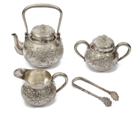 A Japanese Meiji Period four piece silver tea service in a fitted case c.1900Japanese character mark onlyof globular design f