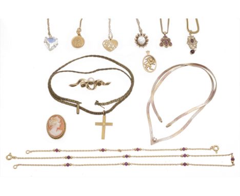 A collection of mainly 9ct gold contemporary pendants and chainsincluding a single stone diamond flat woven 9ct necklace, a 9