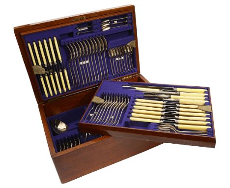An early 20th century oak cased twelve setting canteen of Old English pattern EPNS flatware comprising twelve diner fork, twe