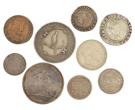 An Elizabeth I sixpence 1574 and a James I shilling 1607second, mm grapes, together with a George III sixpence, 1787, a Georg