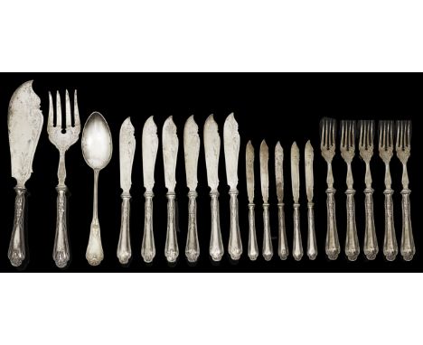 A set of late 19th century continental Art Nouveau .800 silver fish knives and forks, servers and other matching flatwareAust
