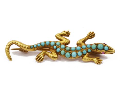 An Edwardian turquoise set lizard broochthe yellow metal brooch testing for gold and set with turquoises and with engraved de