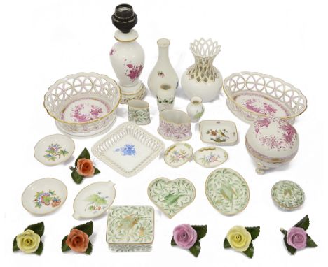 A collection of twenty seven pieces of Herend porcelainincluding: a lamp base; six rose place card holders; two large baskets