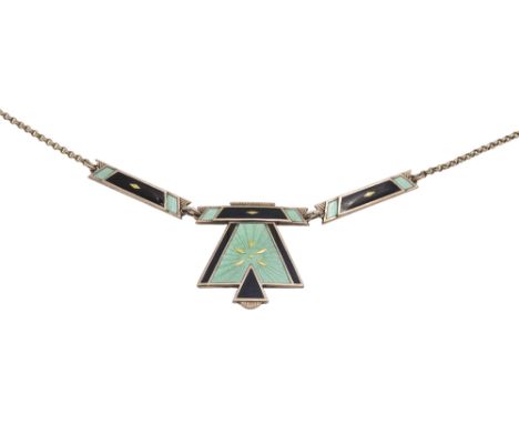 An Art Deco Aksel Holmsen Norwegian silver-gilt and enamel necklaceof green and black fan design and silver chain, with maker