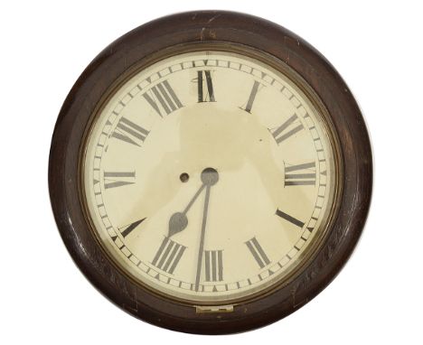 A Victorian oak cased drop dial circular fusee wall clockpainted white enamel dial with black Roman numerals and minute track