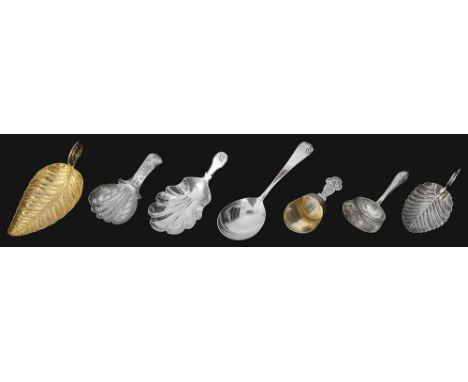 Seven George III and later silver caddy spoonscomprising a fiddle pattern caddy spoon with fluted bowl, no town mark but Exet