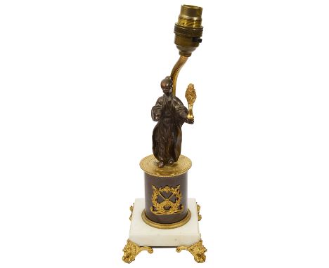 A early 19th century French Empire gilt and patinated bronze chinoiserie figure adapted as a table lampstanding in robes on a