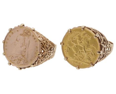 Two 9ct mounted half sovereign ringswith pierced scroll mounts, shanks marked 9ct, the first sovereign dated 1907total weight
