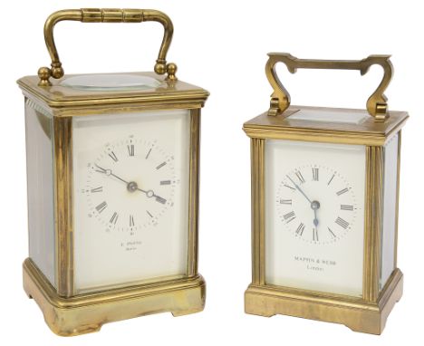 An early 20th century French gilt brass carriage clock and another retailed by Mappin &amp; Webbfirst five pane gilt brass ca