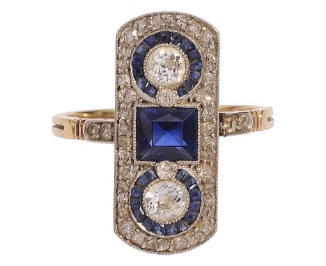 An Art Deco sapphire and diamond-set ring, the shaped rectangular plaque pavŽ-set with old-cut diamonds, a rectangular-cut sa