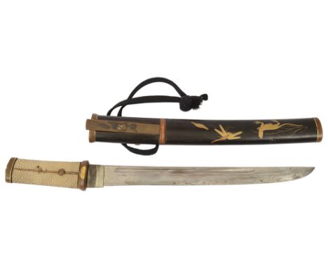 A 19th century Japanese tanto 11 inch fullered blade with undulating hamon, mounted with gold bordered spot hammered copper f