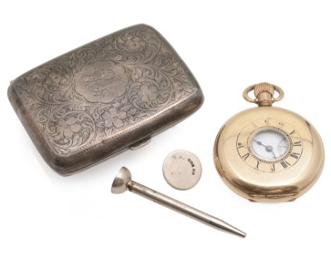 A novelty silver golf tee propelling pencil, a golf ball marker, an Edwardian silver cigarette case engraved with foliate des