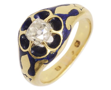 A late Victorian diamond and enamel ring, the central cushion-shaped old brilliant-cut diamond  estimated to spread 0.60 cts,