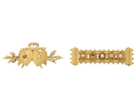 Two late Victorian gem-set and yellow gold bar brooches:  the first with  two central textured conjoined hearts each set with