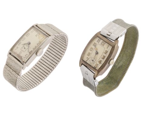 A Gentleman's stainless steel cased Longines rectangular wristwatch c.1940 and a 1930s . 800 silver cased tonneau shaped wris