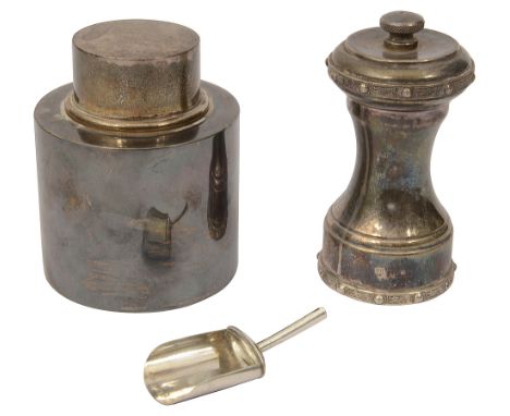 A George V silver tea caddy, a George III silver caddy spoon and a modern silver pepper millfirst Birmingham, 1910 by A &amp;