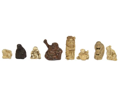 A collection of seven Japanese netsuke, together with a miniature bronze figure of hotei 19th to early 20th century, the nets