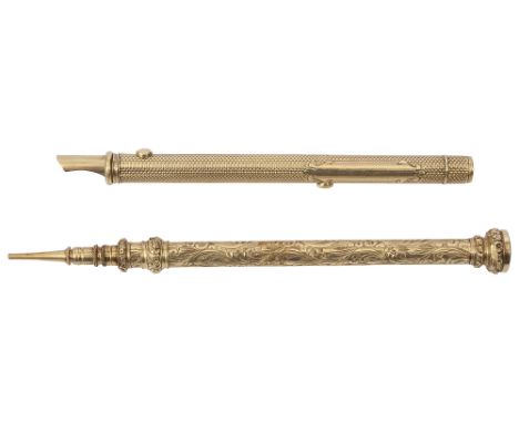 A Victorian propelling pencil, Mosley of London gold cased, chased with leafy scroll decoration and the end inset with hardst
