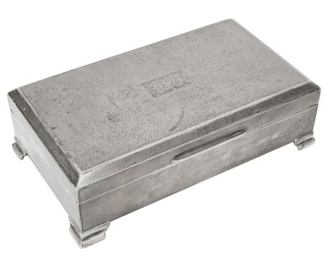 A modern silver table cigarette boxBirmingham, 1954 by Harman Brothers rectangular, the hinged engine turned lid engraved wit