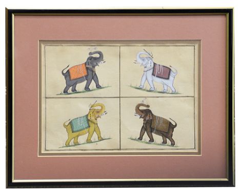 Indian School, 19th century Quartered study of four elephants wearing saddlecloths, gouache on laid paper, mounted, framedwit