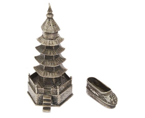 A Chinese export silver novelty pagoda pepper pot and a miniature silver shoe c.1900first marked KMS for Kwong Man Shingon a 