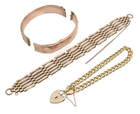 A 9ct gold flat curb link padlock bracelettogether with a five bar gate bracelet with safety chain and a 9ct broken stiff ban