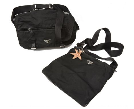 A Prada black woven fabric shoulder bag and another the first with two sections to the front with leather buckles, zip to fro