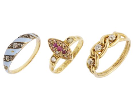 A Victorian three stone diamond and 18ct yellow gold ring, the three  interlace hoops each containing an old brilliant-cut di