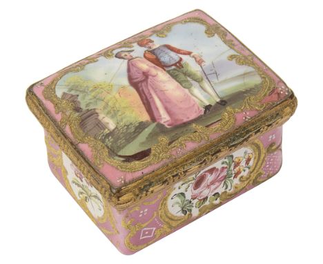 An 18th century South Staffordshire Bilston enamel snuff box c.1770the hinged cover painted with a courting couple in a lands