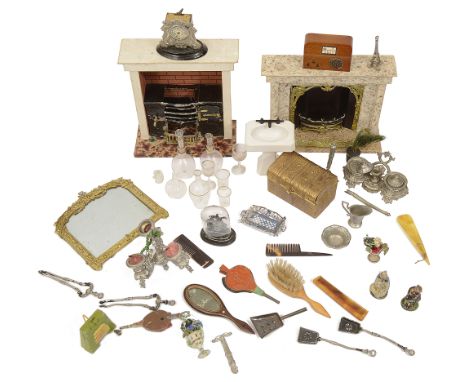 A collection of dolls house accessories, 19th century and later, including: two fireplaces; over mantle mirror; chandelier; t